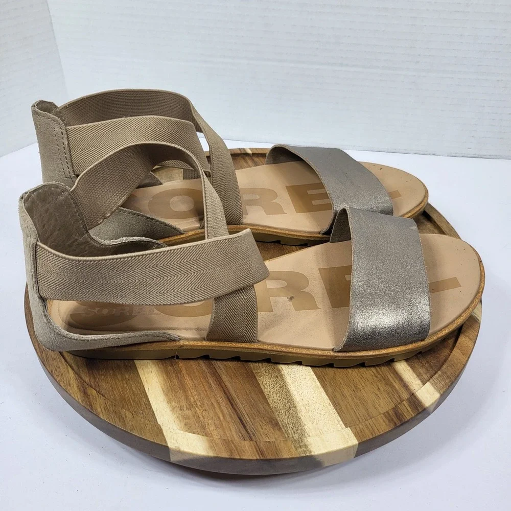 Sorel Ella II Metallic Sage Green Stretch Strap Sandals‎ NL4053-240 Womens 9.5